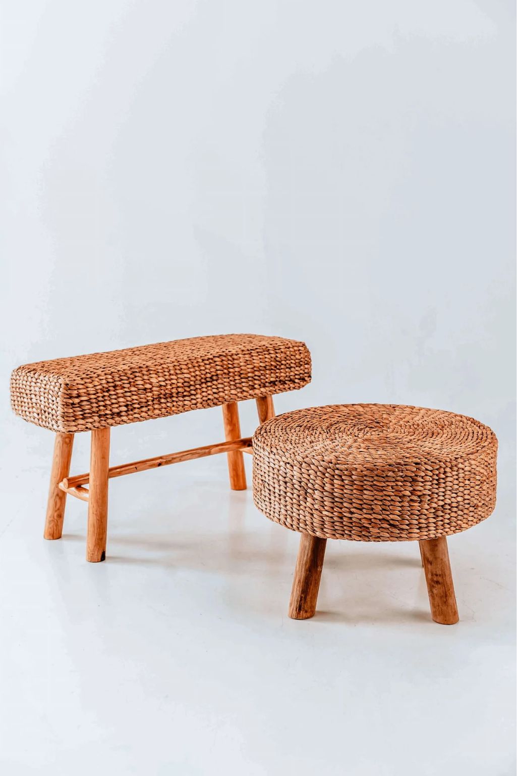Ellina and Bellina Ottoman Benches, handcrafted water hyacinth with wooden legs, versatile seating for modern and scandinavian interiors