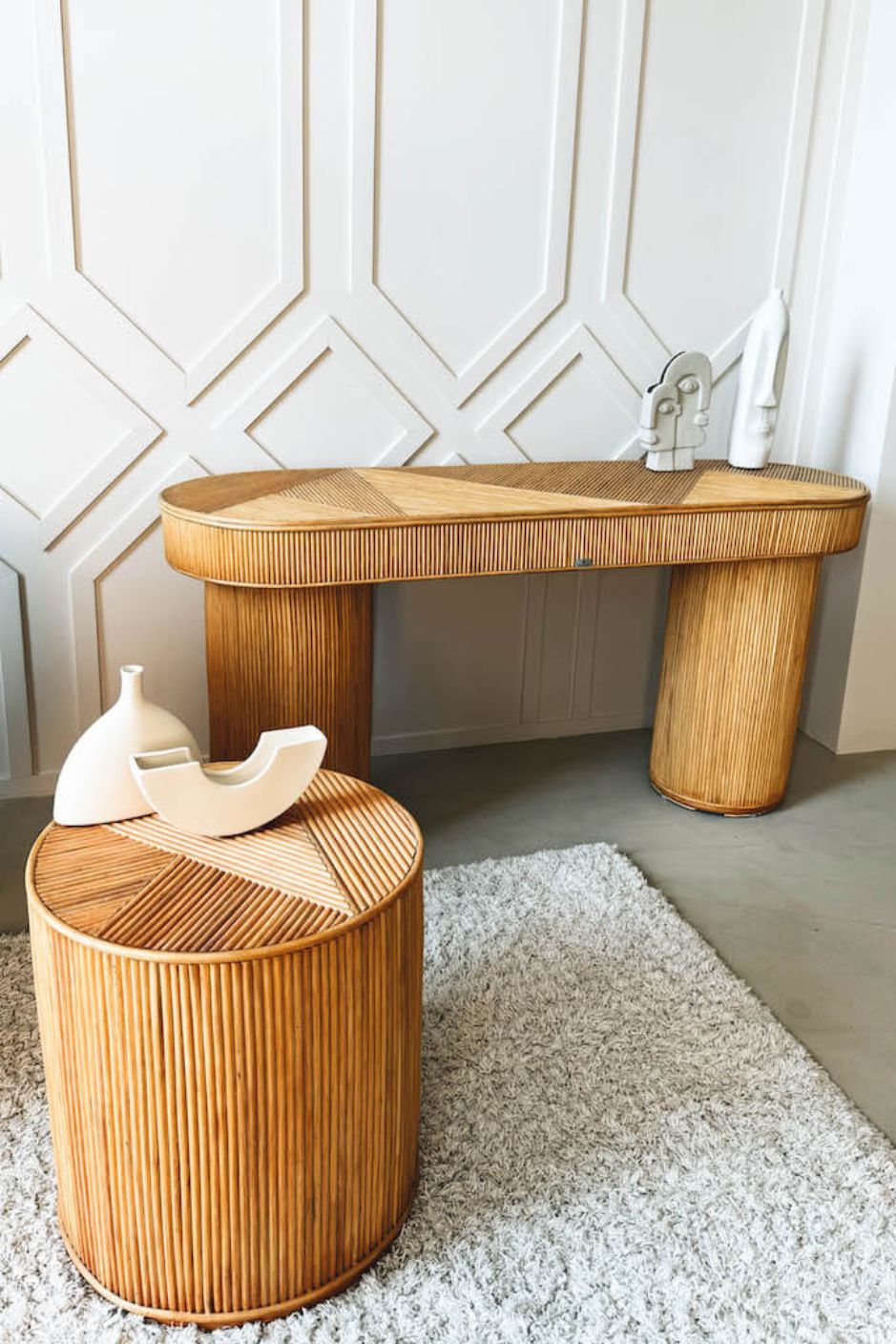 Coastal boho handmade natural rattan console table Kaca from the Tegal collection, perfect for living rooms, hallways, or entryways.