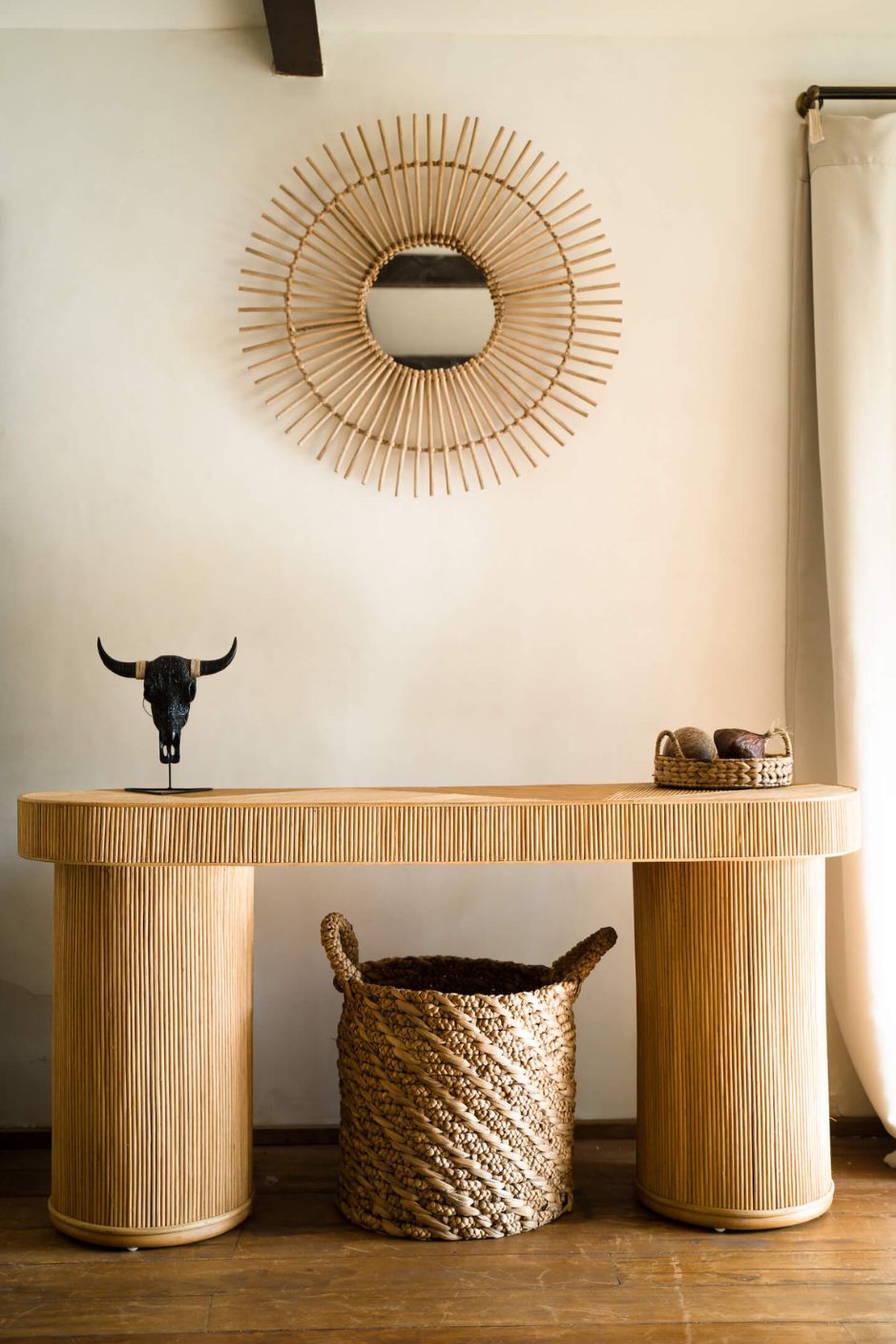 Coastal boho handmade natural rattan console table Kaca from the Tegal collection, perfect for living rooms, hallways, or entryways.