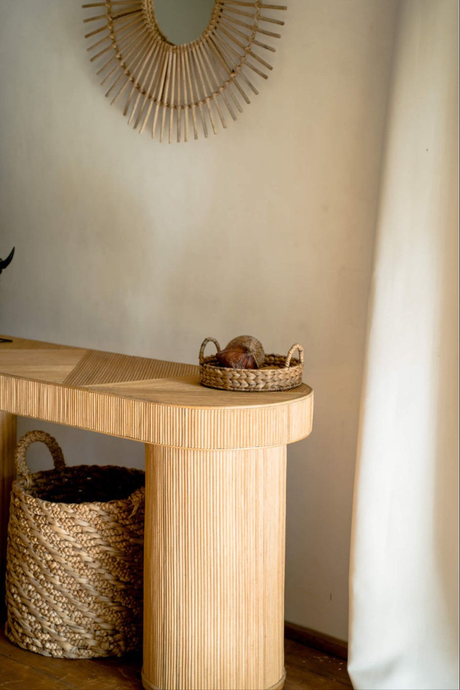 Coastal boho handmade natural rattan console table Kaca from the Tegal collection, perfect for living rooms, hallways, or entryways.