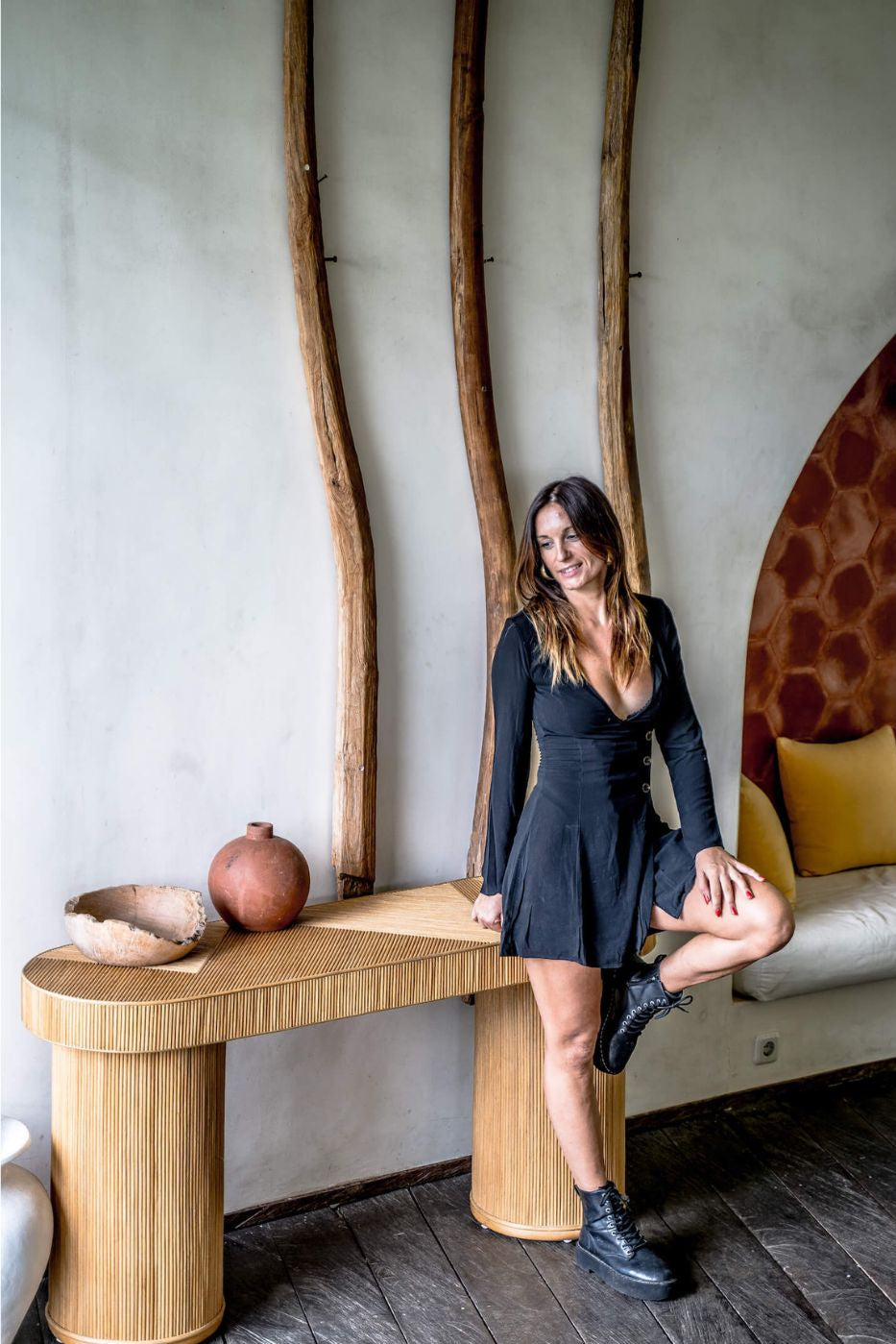 Coastal boho handmade natural rattan console table Kaca from the Tegal collection, perfect for living rooms, hallways, or entryways.