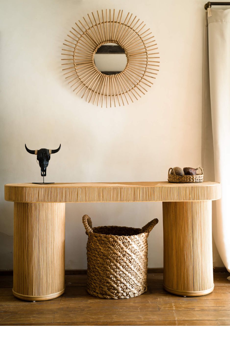 Coastal boho handmade natural rattan console table Kaca from the Tegal collection, perfect for living rooms, hallways, or entryways.