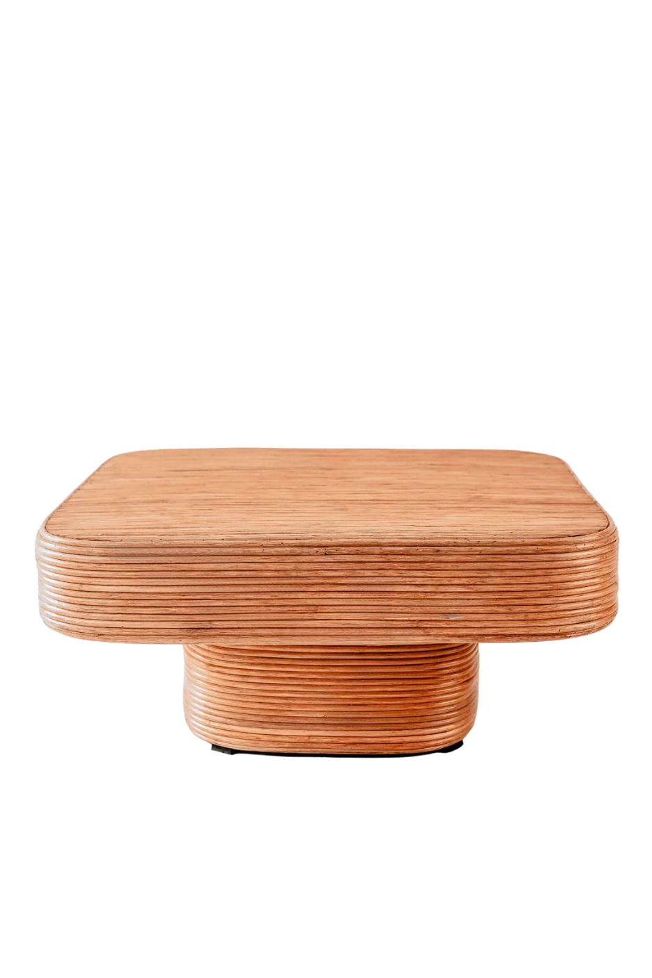 Coastal style natural rattan table Tegal Carla Square with straight pedestal, handmade artisan furniture for living room, swimming pool or lounge spaces.