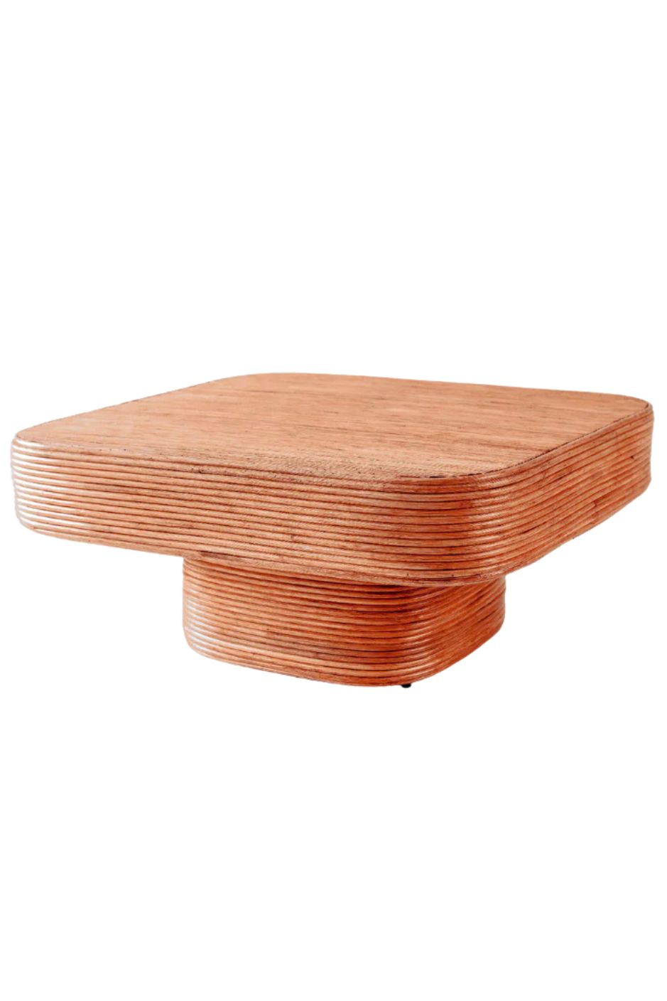 Coastal style natural rattan table Tegal Carla Square with straight pedestal, handmade artisan furniture for living room, swimming pool or lounge spaces.