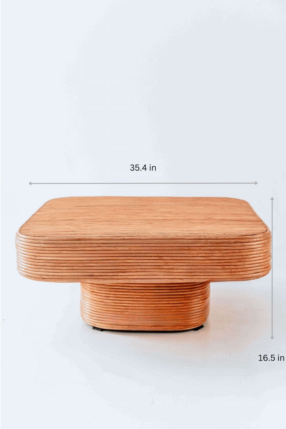 Coastal style natural rattan table Tegal Carla Square with straight pedestal, handmade artisan furniture for living room, swimming pool or lounge spaces.