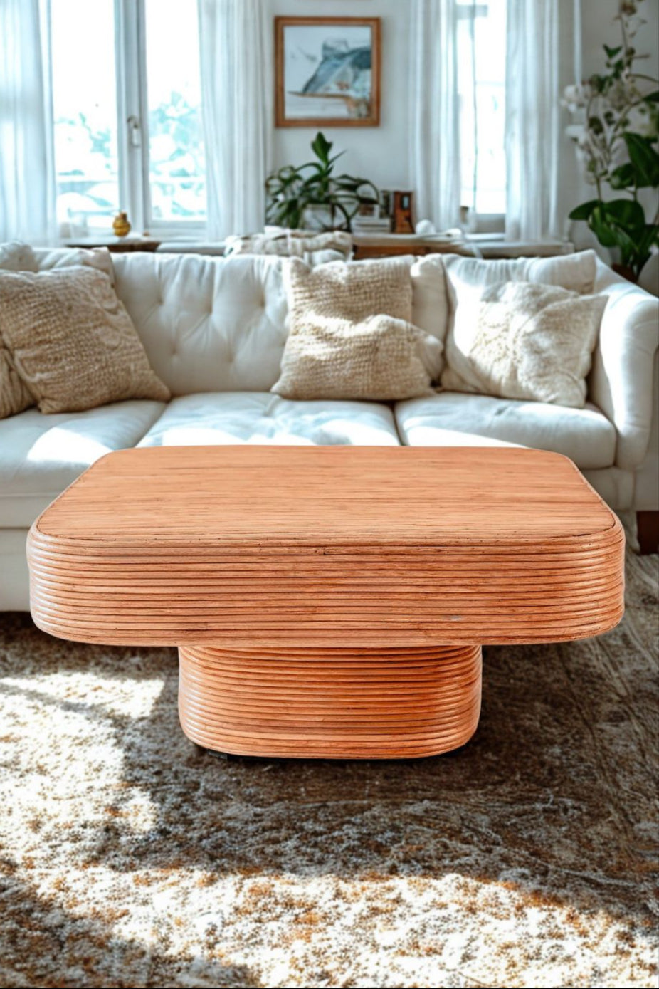 Coastal style natural rattan table Tegal Carla Square with straight pedestal, handmade artisan furniture for living room, swimming pool or lounge spaces.