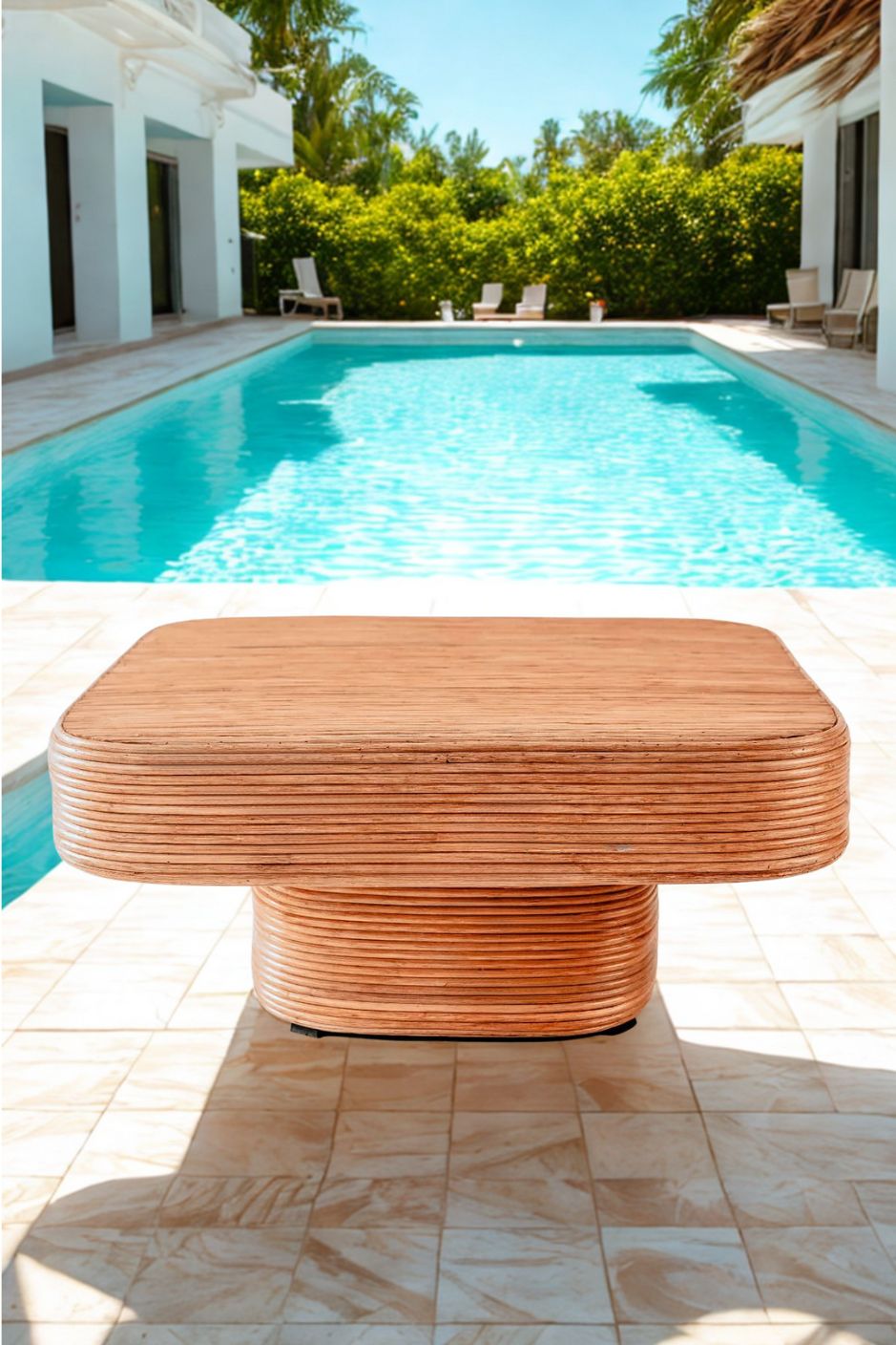 Coastal style natural rattan table Tegal Carla Square with straight pedestal, handmade artisan furniture for living room, swimming pool or lounge spaces.