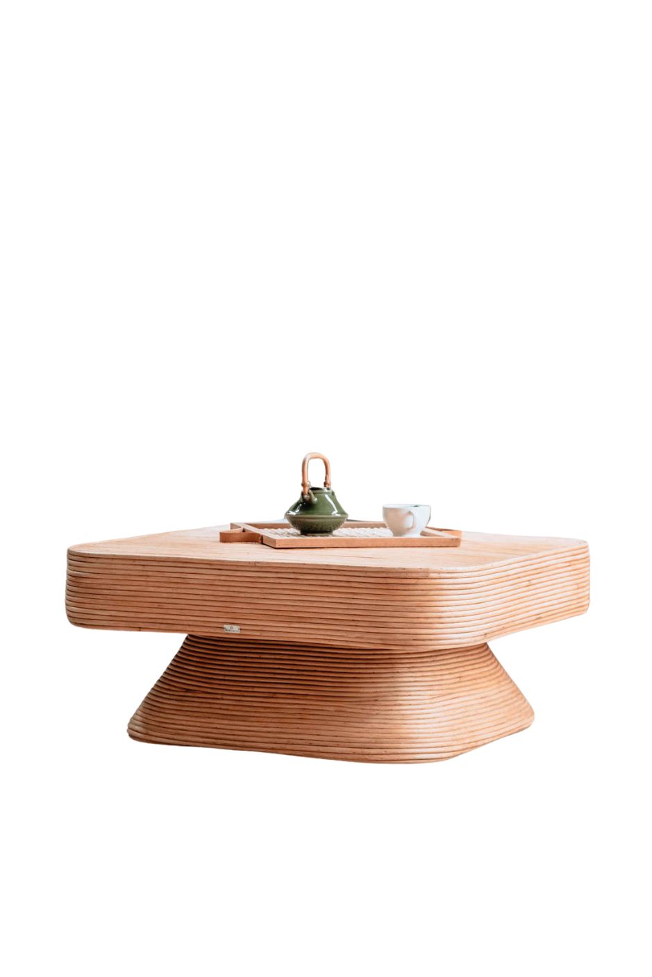 Coastal style natural rattan table Tegal Carla Square with tilted pedestal, handmade artisan furniture for living room, swimming pool or lounge spaces.