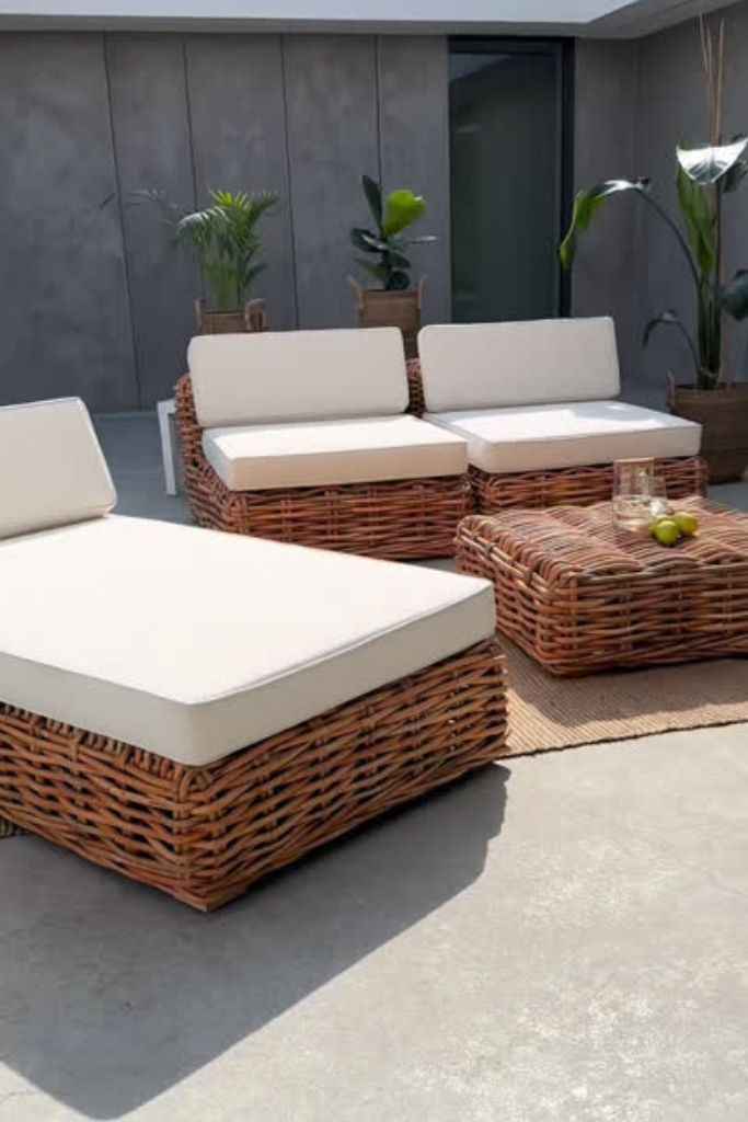 Handmade Ingka modular armchair in cognac rattan with thick weave, versatile as standalone chair or part of modular sofa for living room, terrace, or patio.