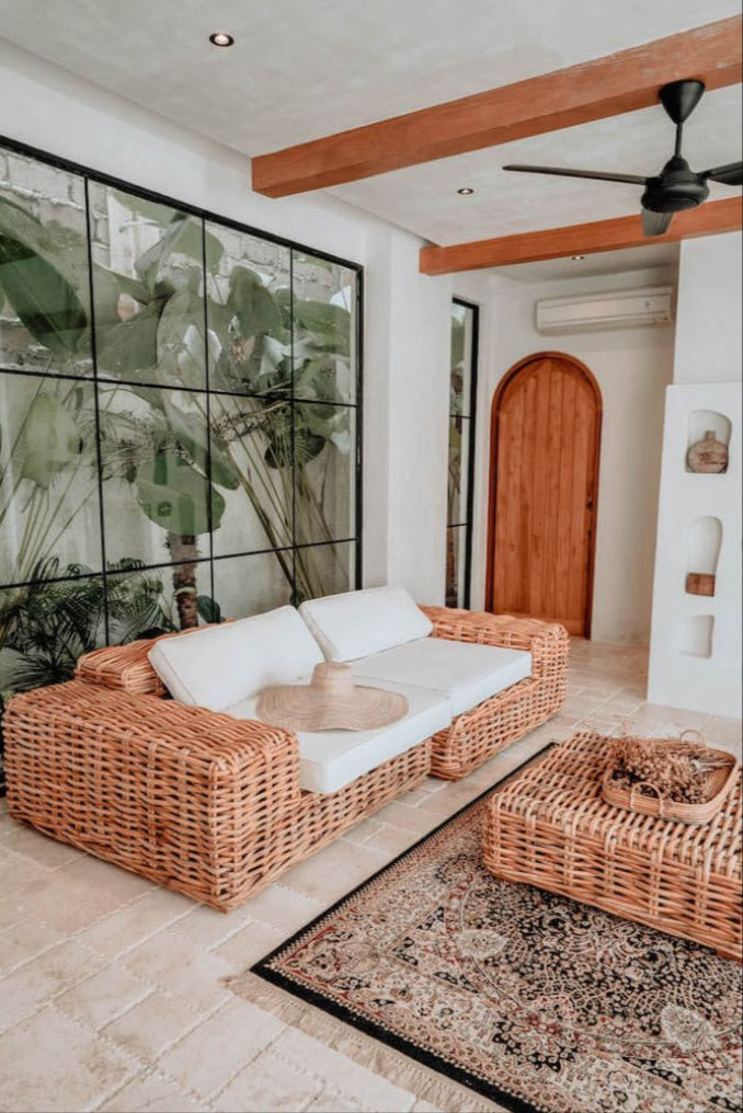 Handmade Ingka modular armchair in cognac rattan with thick weave, versatile as standalone chair or part of modular sofa for living room, terrace, or patio.