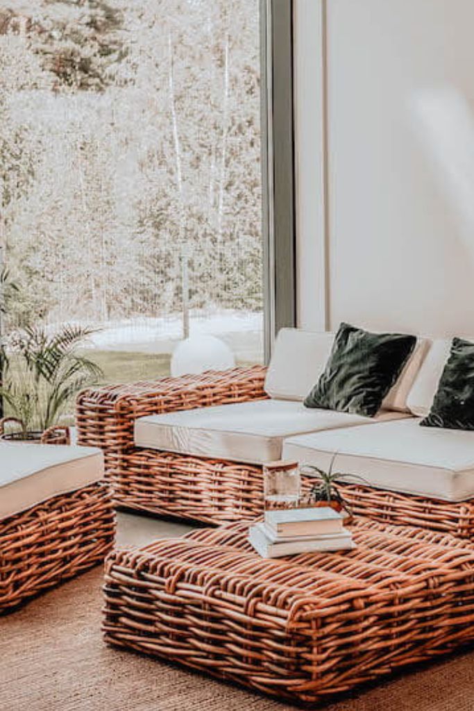 Handmade Ingka modular armchair in cognac rattan with thick weave, versatile as standalone chair or part of modular sofa for living room, terrace, or patio.