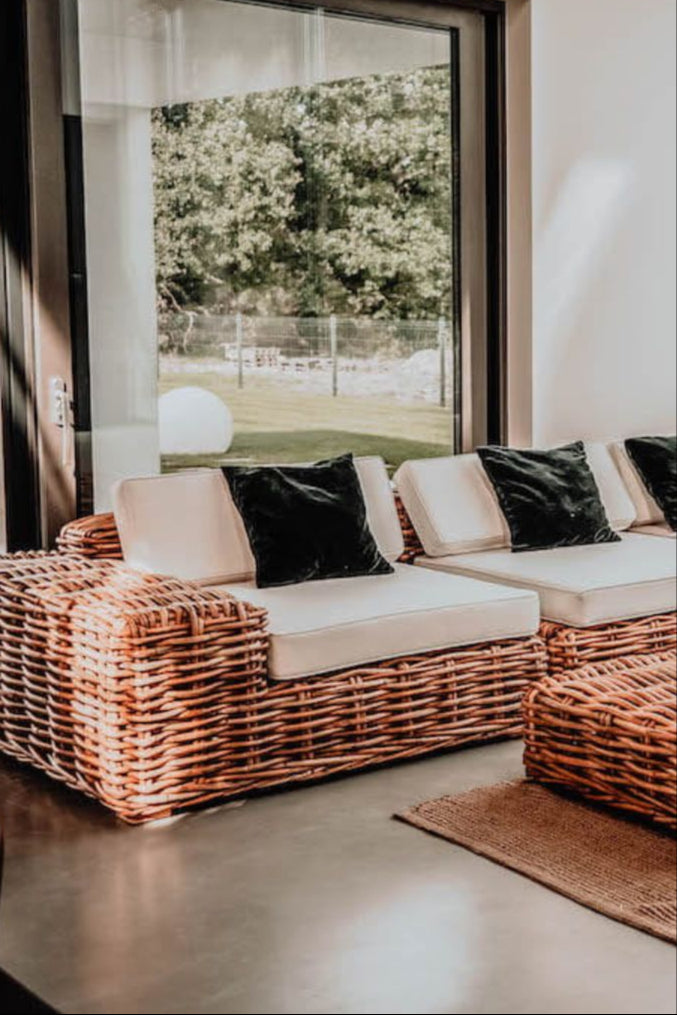Handmade Ingka modular armchair in cognac rattan with thick weave, versatile as standalone chair or part of modular sofa for living room, terrace, or patio.