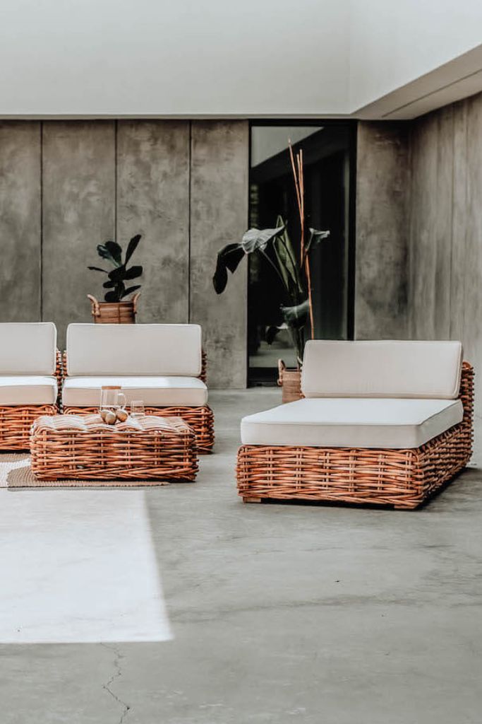 Handmade Ingka modular sofa chaise lounge in cognac rattan with thick weave, versatile as standalone lounger or part of modular sofa for living room, terrace, or patio.