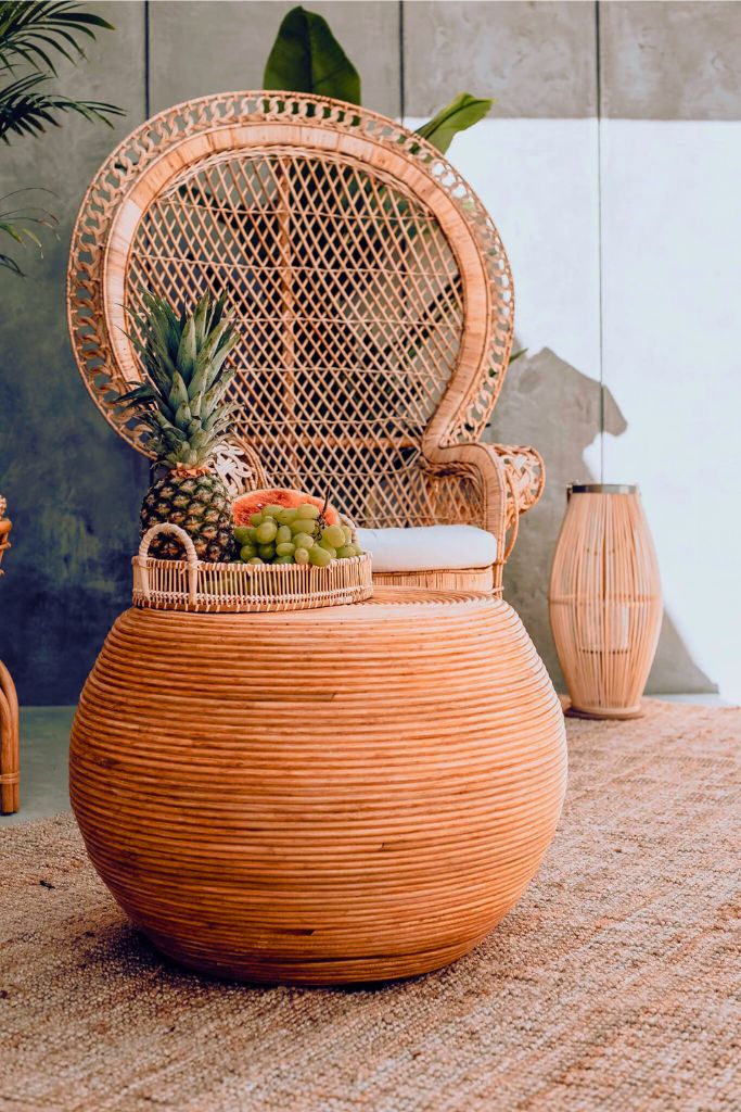 Multifunctional cognac round rattan table for use as a coffee table, side table, or decorative piece