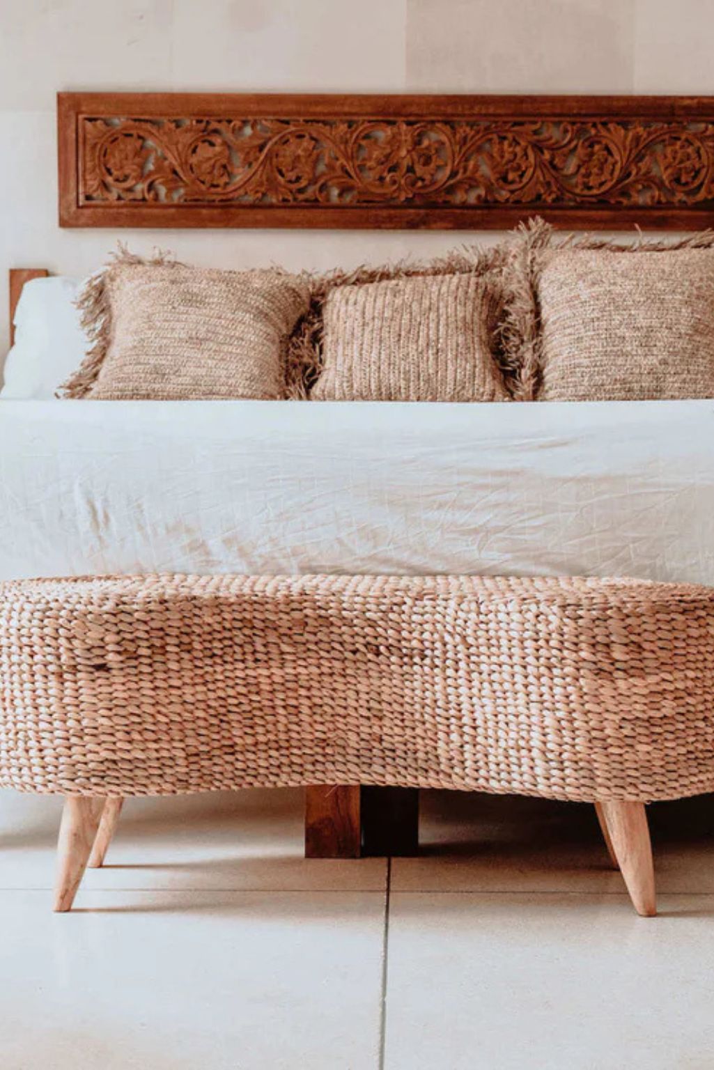 Ellina and Bellina Ottoman Benches, handcrafted water hyacinth with wooden legs, versatile seating for modern and scandinavian interiors