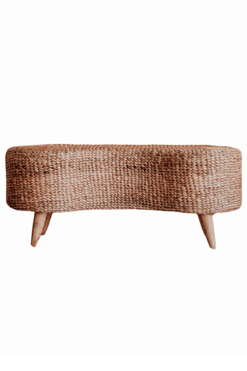 Ellina and Bellina Ottoman Benches, handcrafted water hyacinth with wooden legs, versatile seating for modern and scandinavian interiors