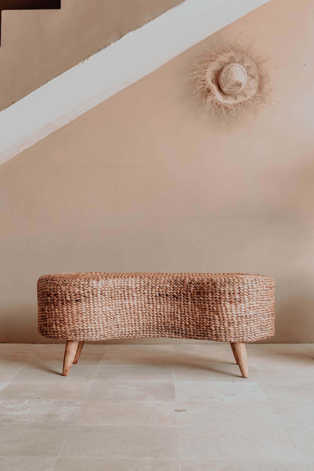 Ellina and Bellina Ottoman Benches, handcrafted water hyacinth with wooden legs, versatile seating for modern and scandinavian interiors