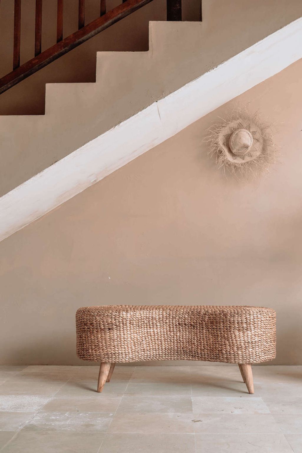 Ellina and Bellina Ottoman Benches, handcrafted water hyacinth with wooden legs, versatile seating for modern and scandinavian interiors