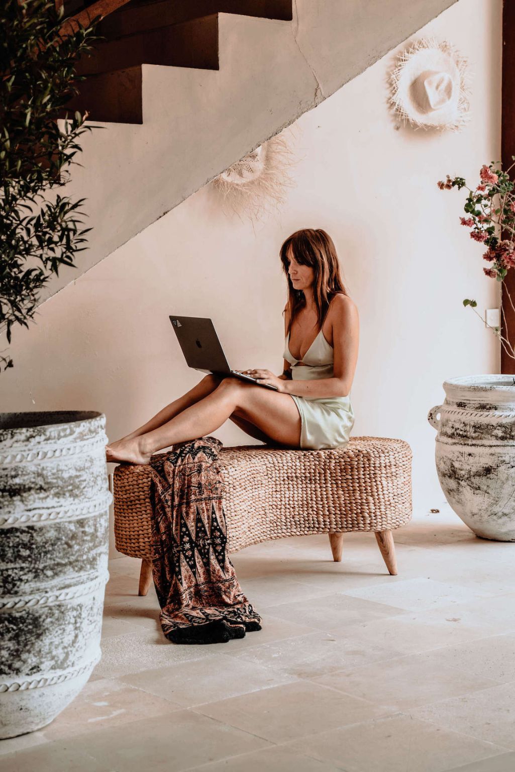 Ellina and Bellina Ottoman Benches, handcrafted water hyacinth with wooden legs, versatile seating for modern and scandinavian interiors