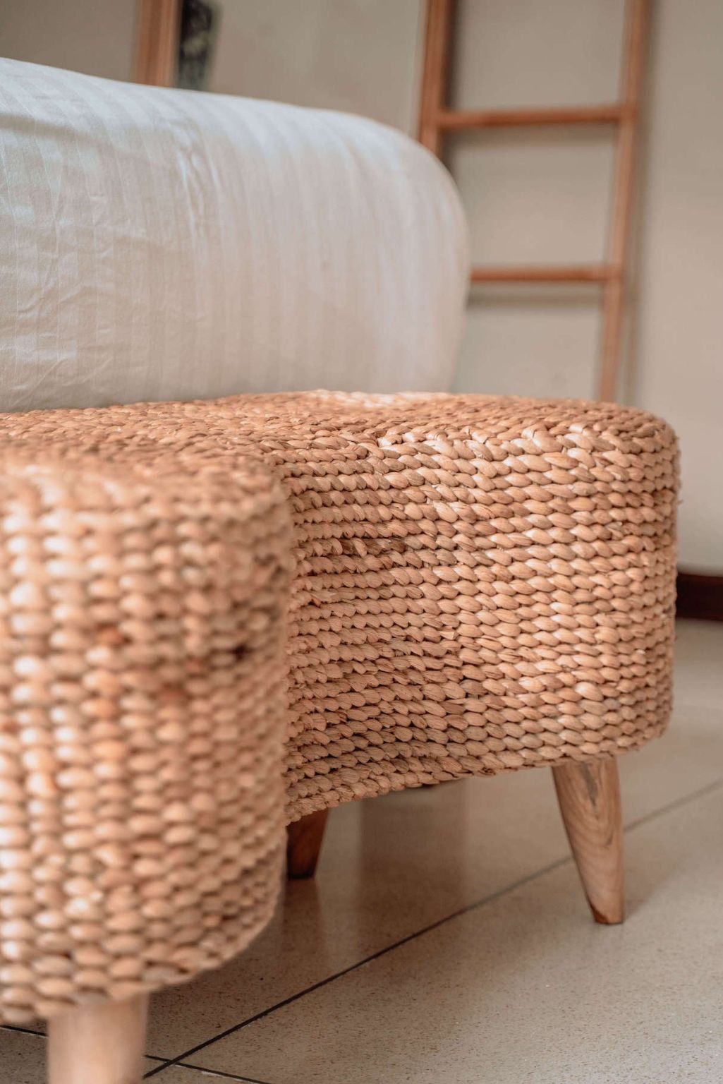 Ellina and Bellina Ottoman Benches, handcrafted water hyacinth with wooden legs, versatile seating for modern and scandinavian interiors