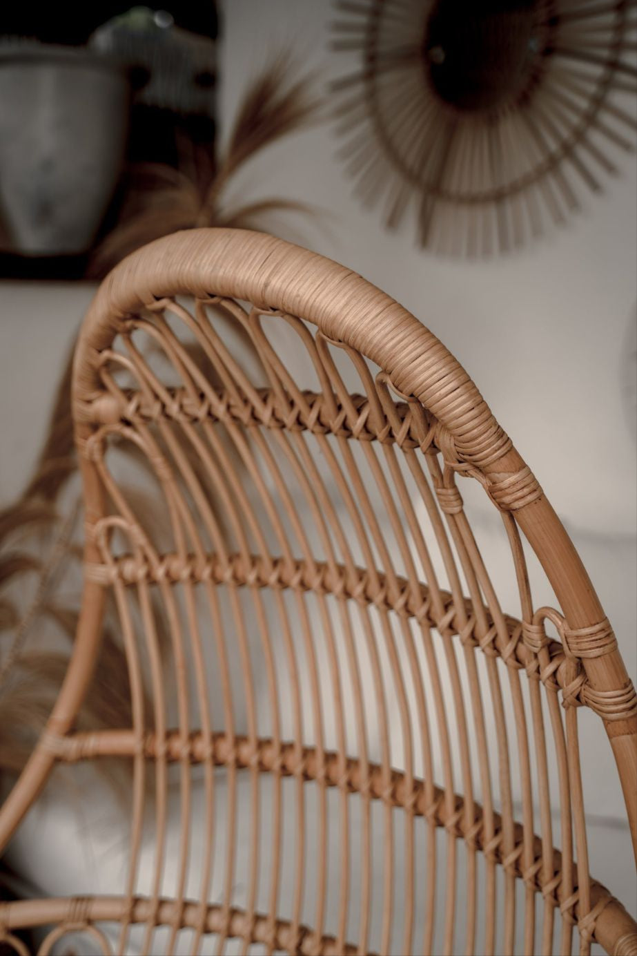 Handmade Milo Rattan Chair with wooden legs in natural colour, boho style seating for living room, bedroom, patio, or garden
