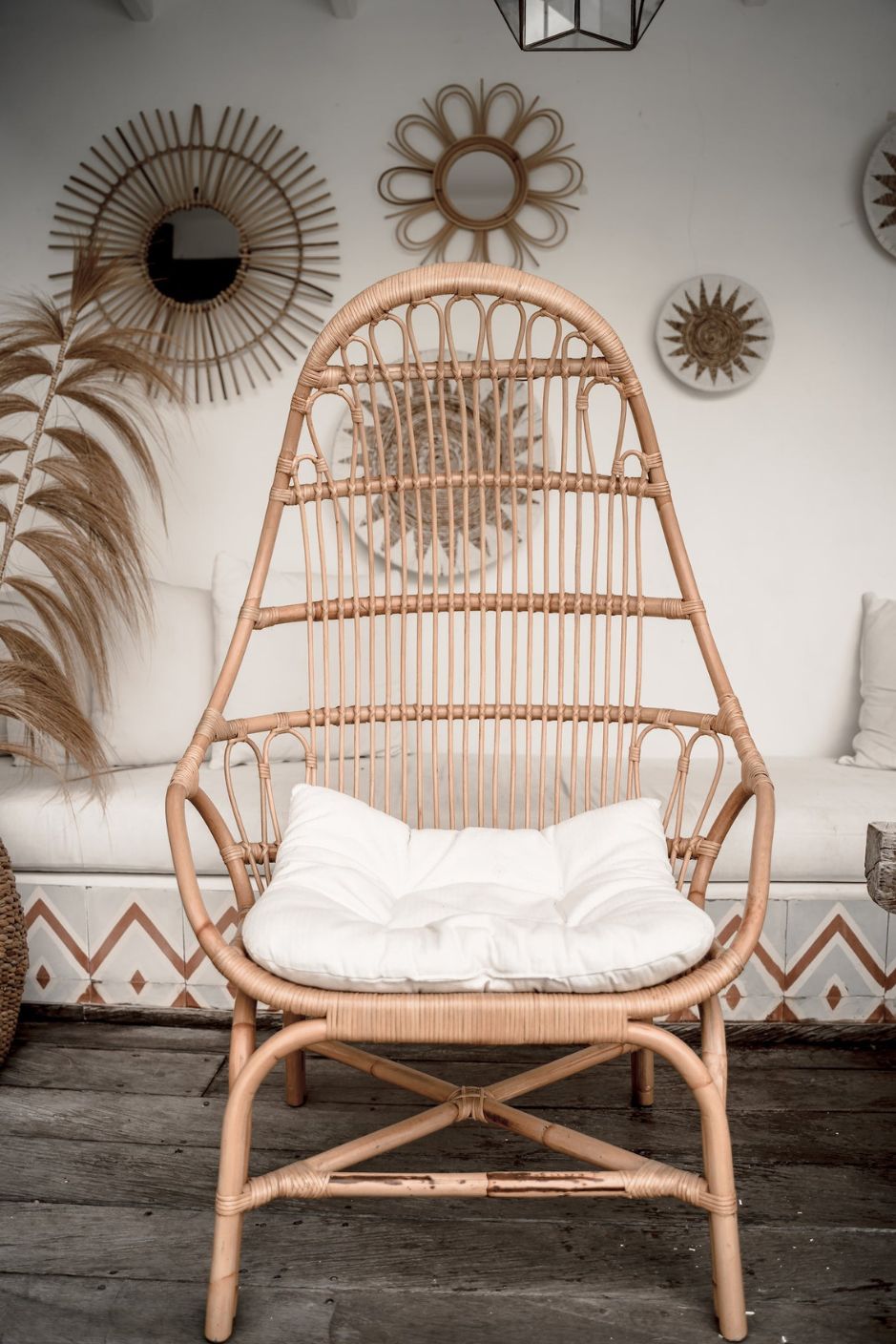 Handmade Milo Rattan Chair with wooden legs in natural colour, boho style seating for living room, bedroom, patio, or garden