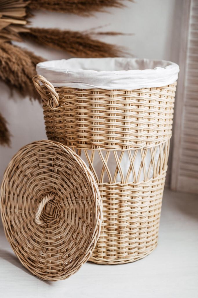 Handwoven Looma Basket made from natural rattan, eco-friendly storage solution for bedrooms, bathrooms, living rooms, and laundry rooms, lightweight and durable, rustic and stylish home organisation accessory.