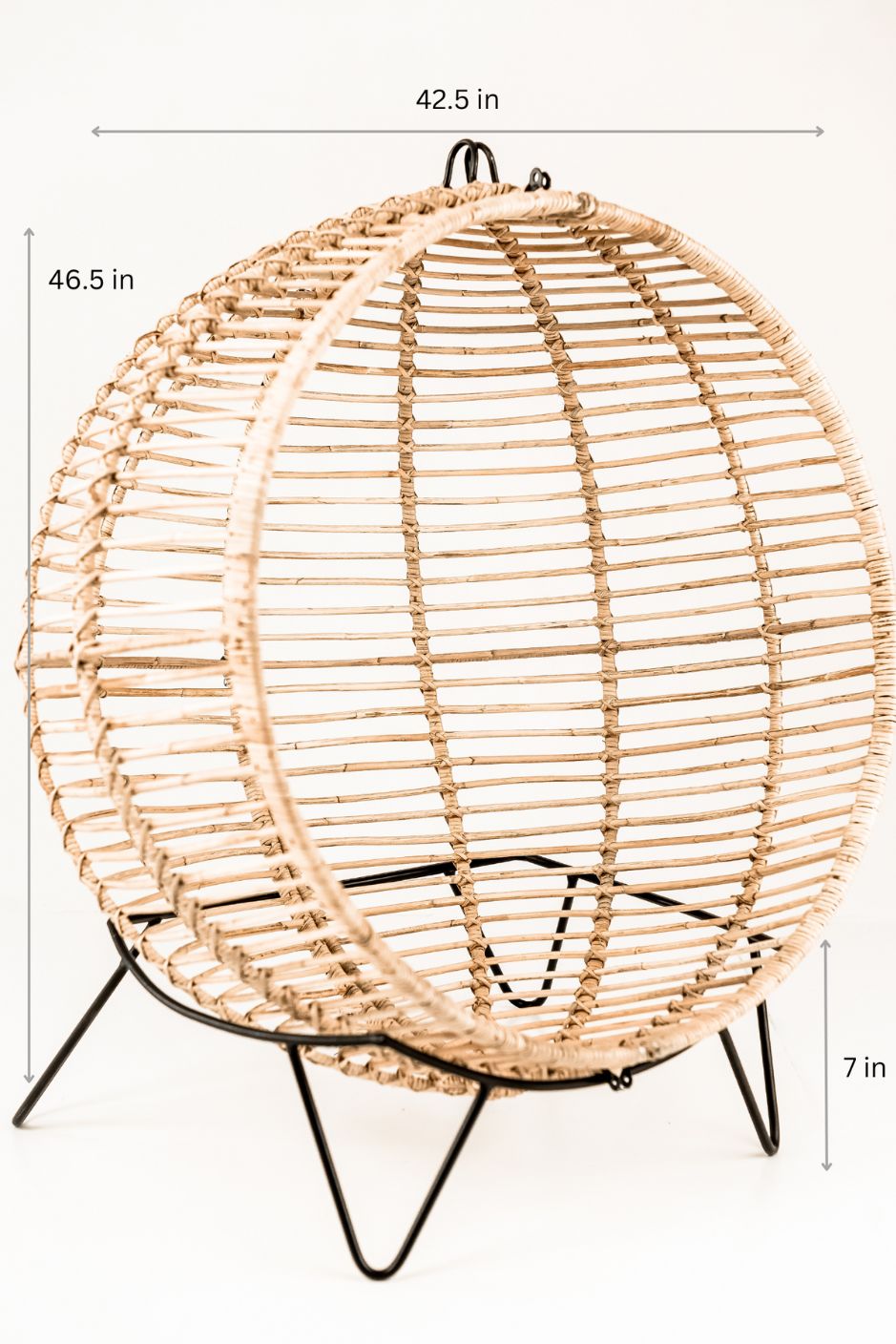 Hanging and standing rattan ball swing chair for adults and kids, available in single adult and junior sizes, handmade natural rattan, includes metal stand and rope, perfect for patio, garden, deck, or poolside, stylish boho, modern, and classic interior accessory.