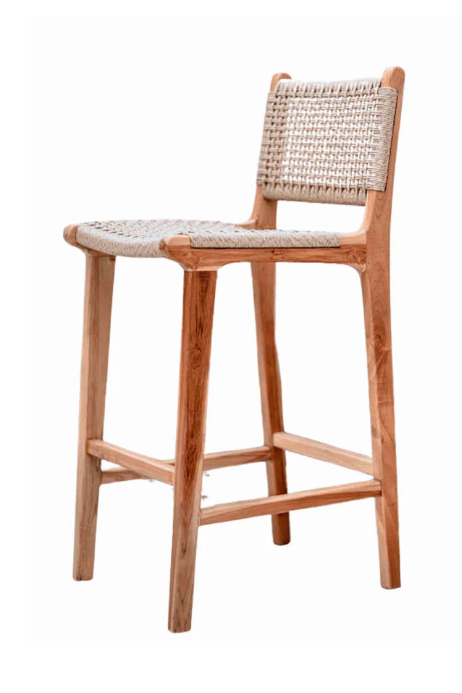 Handmade Harrison teak bar stool with woven synthetic seat and backrest, stylish and durable high chair for kitchen counters or bar tables, perfect for modern Australian interiors.