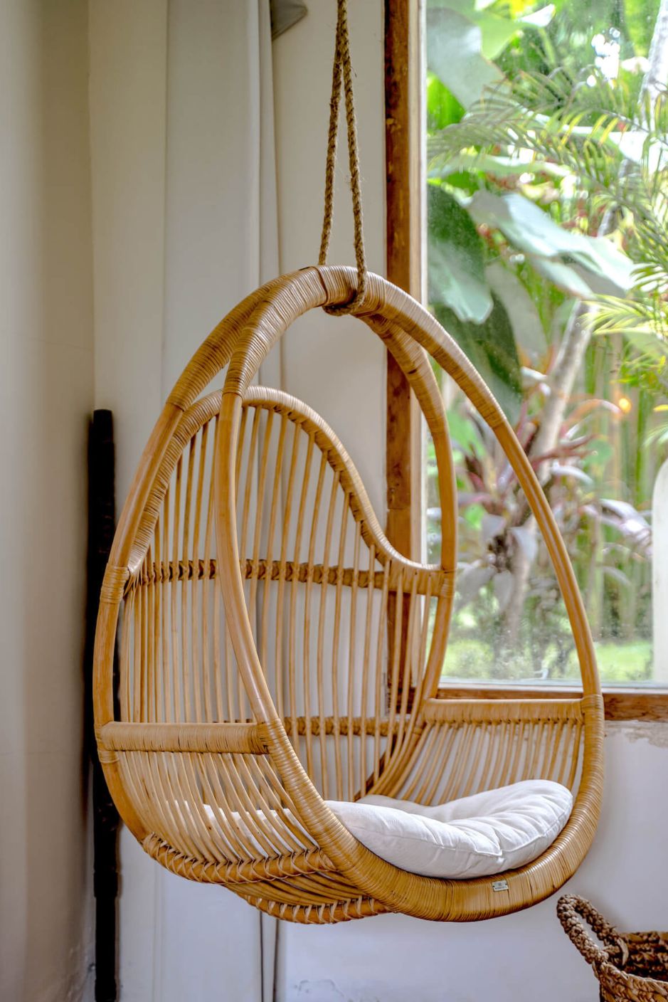 Henry single or double handmade durable natural rattan hanging chair for indoor living rooms, covered terraces, patios, balconies, and outdoor gardens