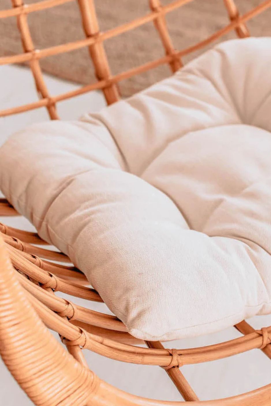Hugo Rattan Hanging Chair in natural, cognac and brown rattan, handmade, eco-friendly, zero plastic, boho style, perfect for living room, terrace, or patio, stylish and comfortable swinging chair for modern or island-inspired interiors.