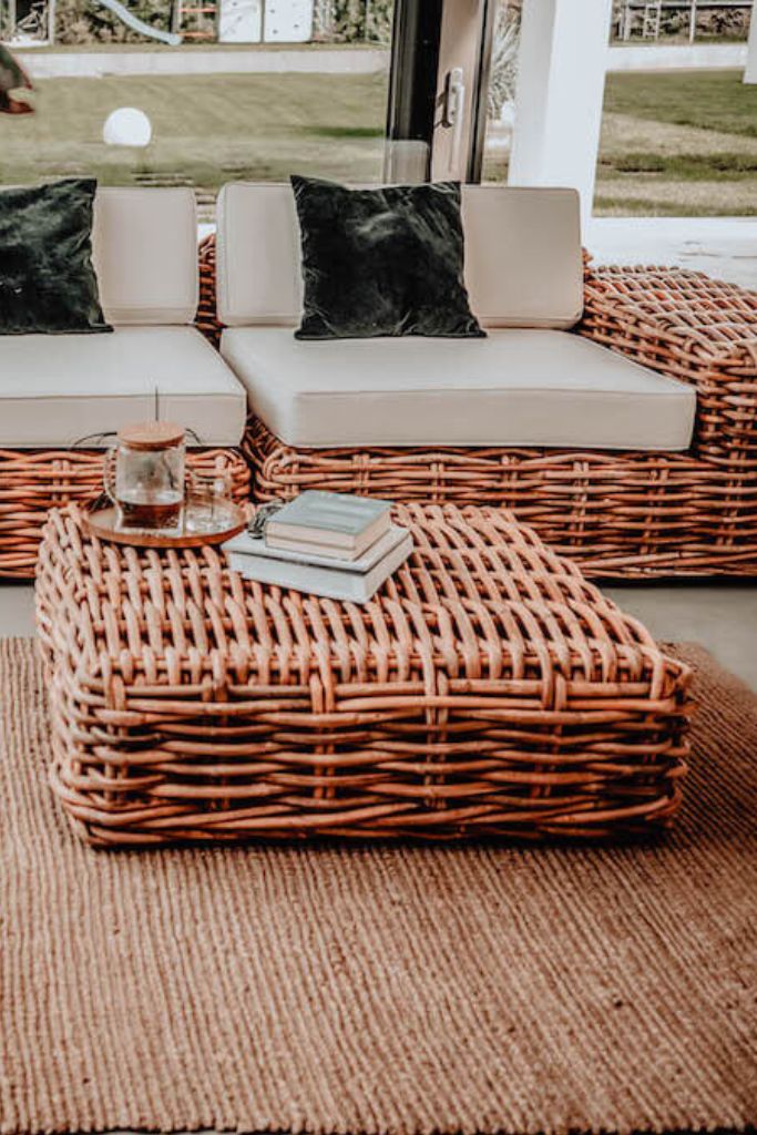 Ingka Tio Two in One cognac rattan pouffe, ottoman, and table with thick handmade weave, versatile modular sofa design for living rooms, lounges, and cozy spaces