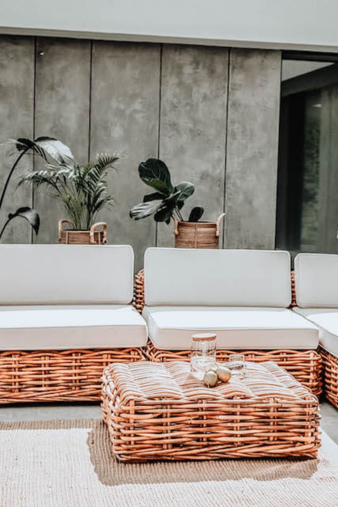 Ingka Tio Two in One cognac rattan pouffe, ottoman, and table with thick handmade weave, versatile modular sofa design for living rooms, lounges, and cozy spaces