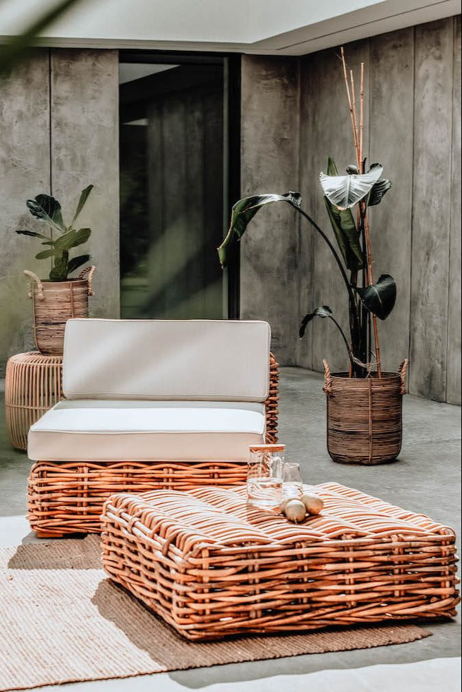 Ingka Tio Two in One cognac rattan pouffe, ottoman, and table with thick handmade weave, versatile modular sofa design for living rooms, lounges, and cozy spaces