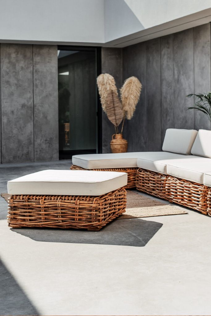 Ingka Tio Two in One cognac rattan pouffe, ottoman, and table with thick handmade weave, versatile modular sofa design for living rooms, lounges, and cozy spaces