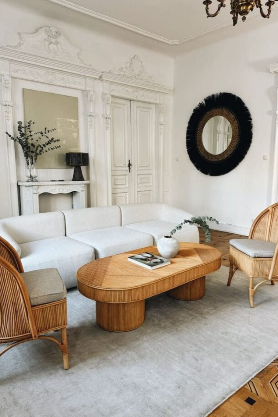 Handmade Tegal Isla natural oval rattan coffee table, eco-friendly, boho style, perfect for living rooms, TV rooms, and modern or coastal interiors.