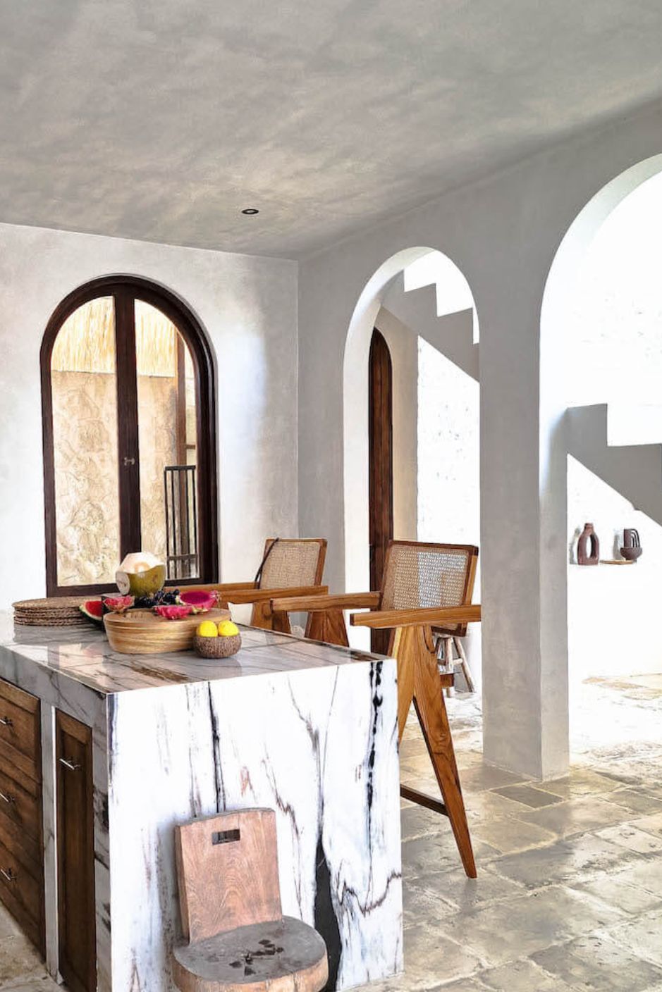 Joy Bar Stool made from durable teak wood with woven seat and backrest, ideal for kitchen islands, high countertops, and bar tables, handmade, stylish and comfortable seating for modern homes