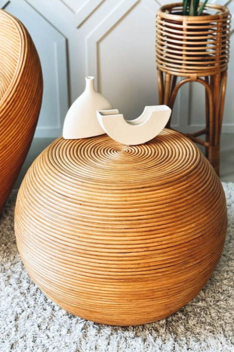 Multifunctional natural round rattan table for use as a coffee table, side table, or decorative piece