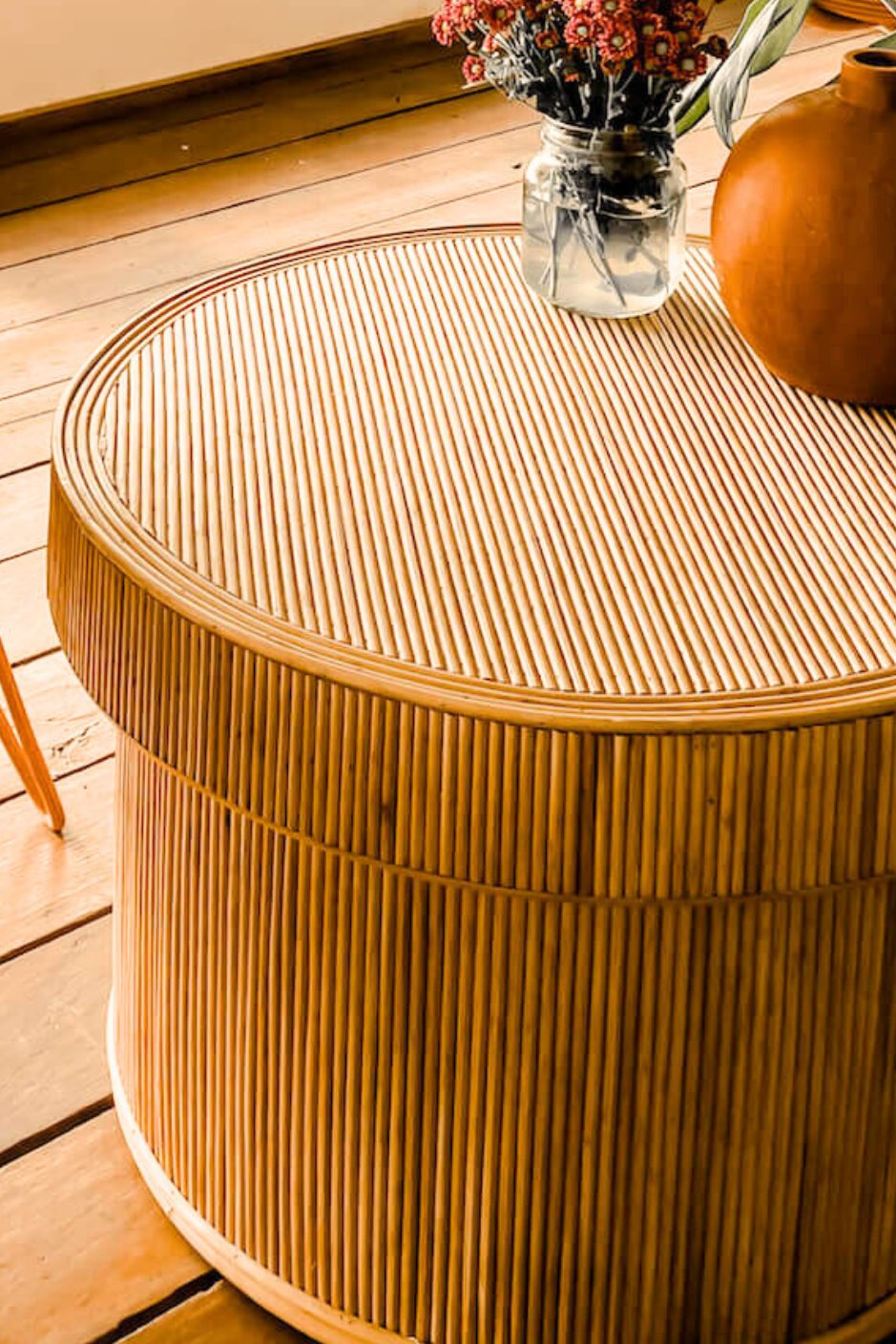 Handmade Round Roco Tegal natural rattan coffee and side table for coastal, boho, and modern interiors
