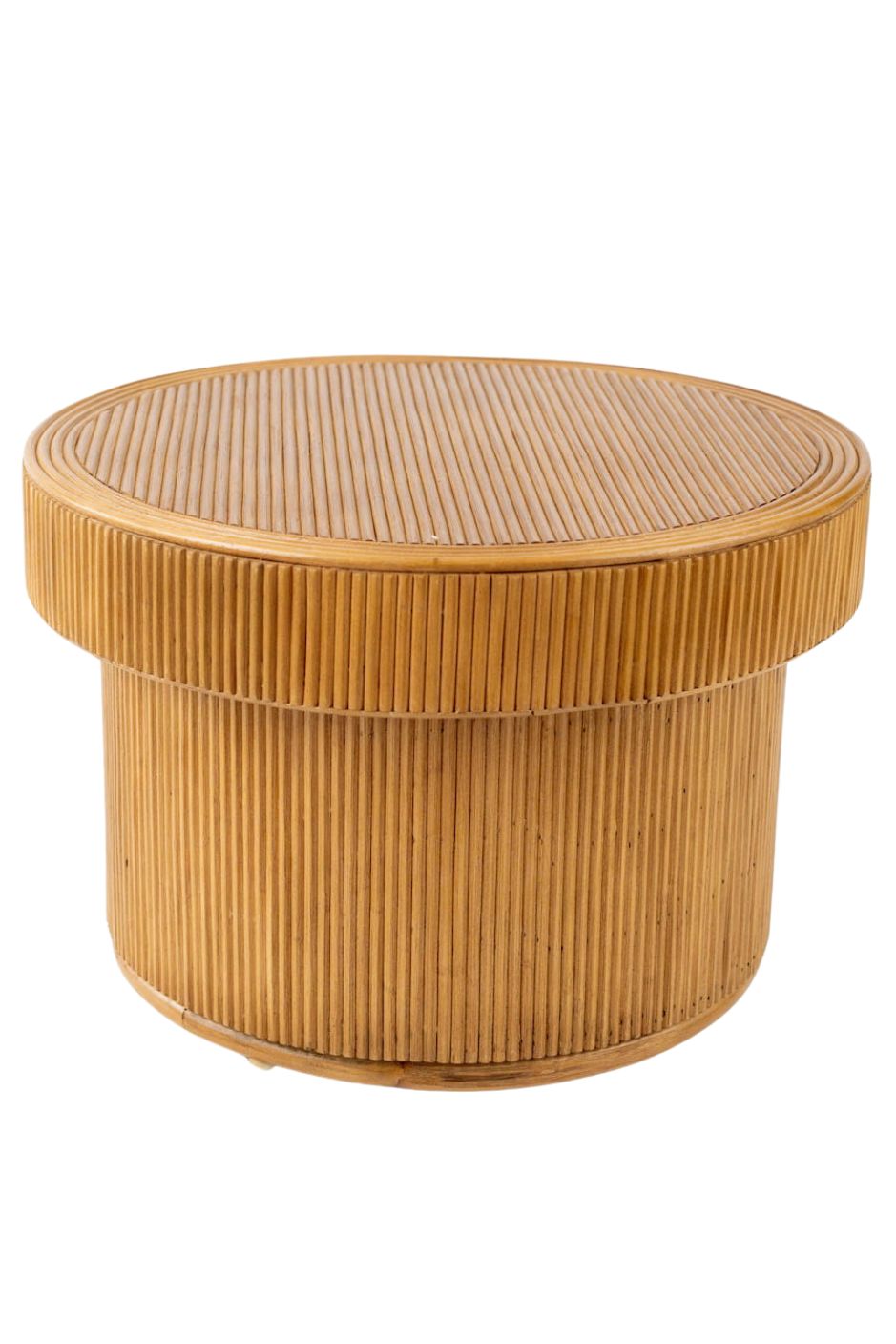 Handmade Round Roco Tegal natural rattan coffee and side table for coastal, boho, and modern interiors