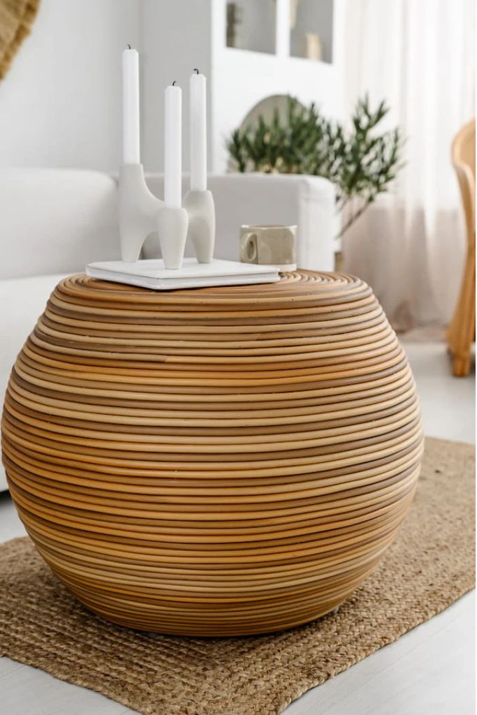 Multifunctional synthetic round rattan table for use as a coffee table, side table, or decorative piece