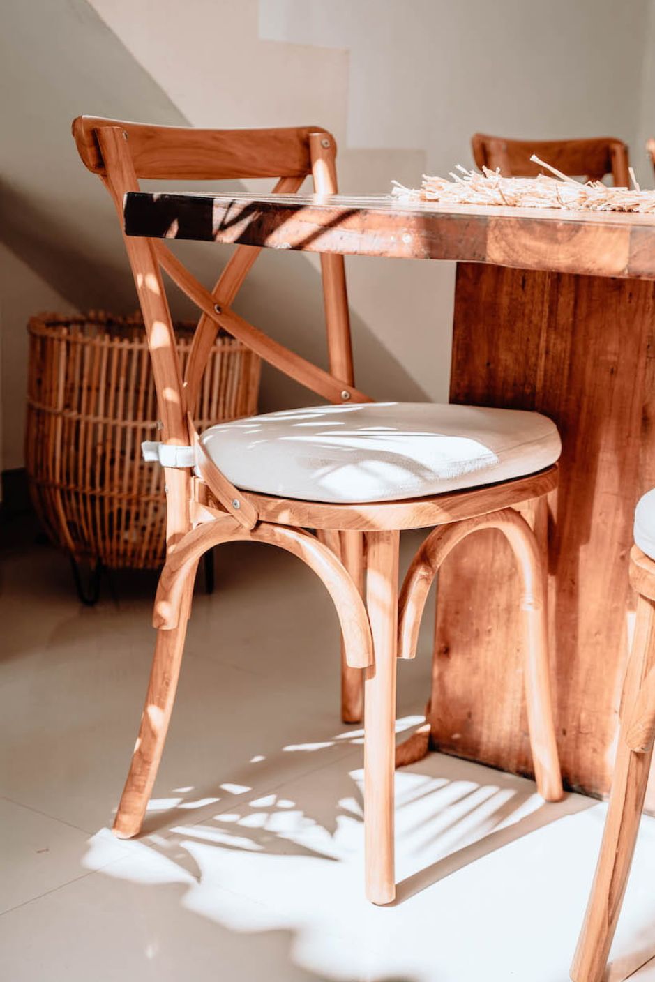 Tika Chair handmade from solid teak wood with ecru seat cushion, vintage-inspired design perfect for boho, retro, or classic living rooms, dining areas, kitchens, and bedrooms in Australian homes