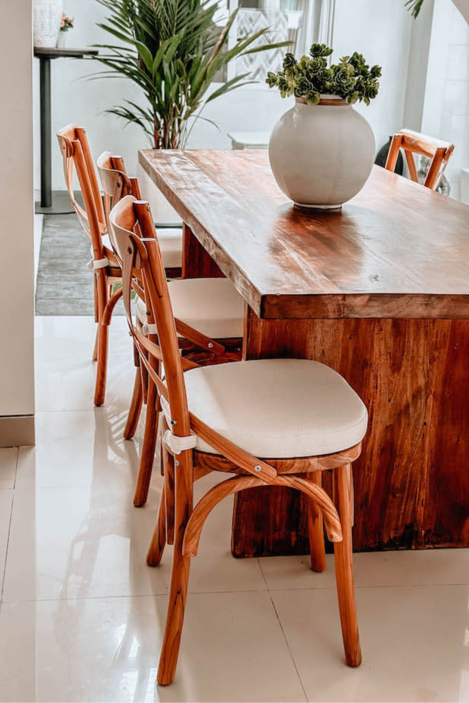 Tika Chair handmade from solid teak wood with ecru seat cushion, vintage-inspired design perfect for boho, retro, or classic living rooms, dining areas, kitchens, and bedrooms in Australian homes