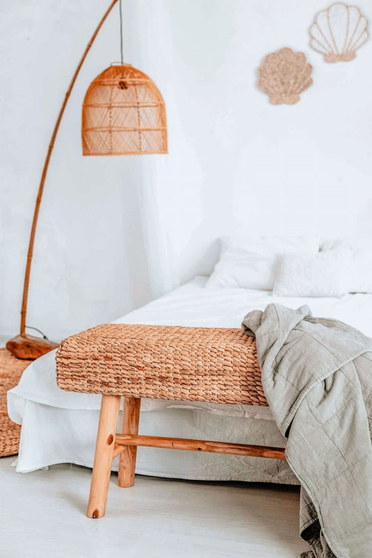 Ellina and Bellina Ottoman Benches, handcrafted water hyacinth with wooden legs, versatile seating for modern and scandinavian interiors