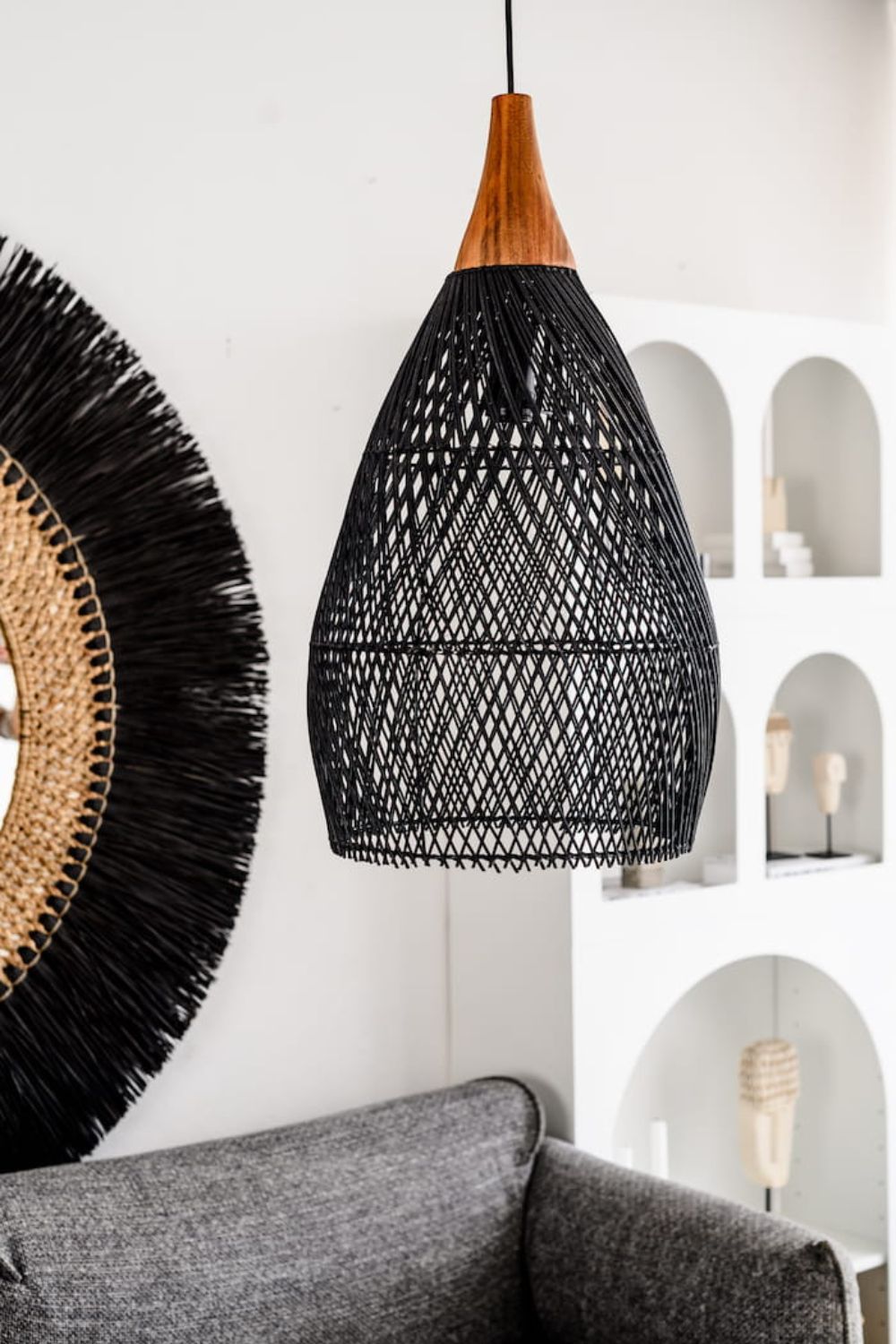 Blaxy Black Rattan Hanging Pendant Lamp with Teak Wood Accent, Handmade, 2 Sizes, M and L.