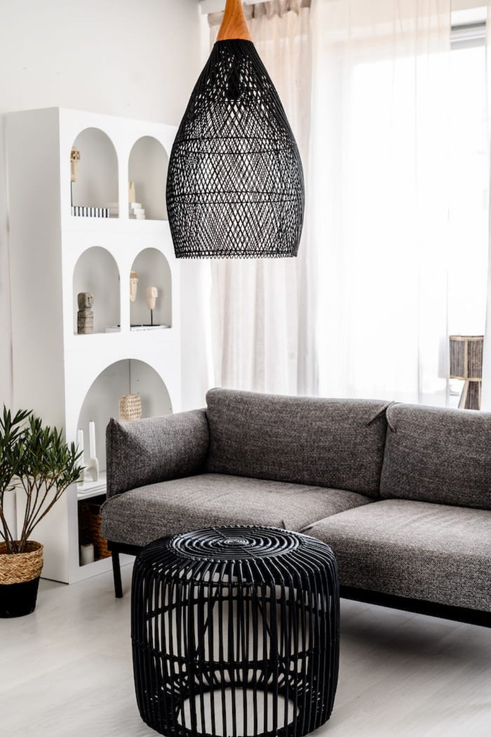 Blaxy Black Rattan Hanging Pendant Lamp with Teak Wood Accent, Handmade, 2 Sizes, M and L.