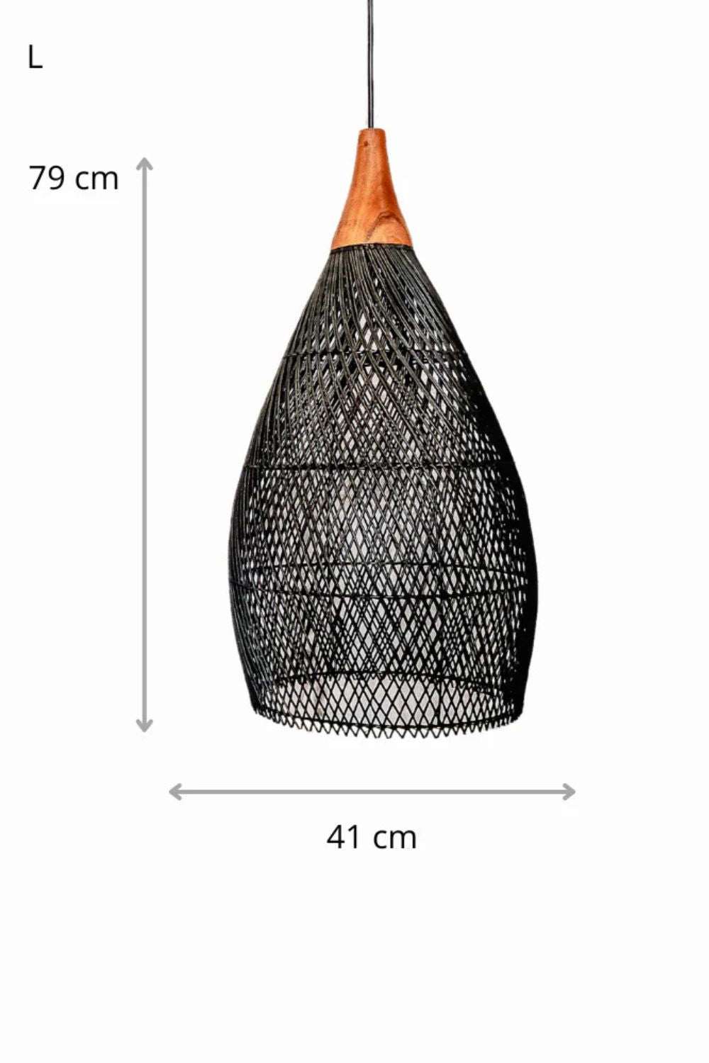 Blaxy Black Rattan Hanging Pendant Lamp with Teak Wood Accent, Handmade, 2 Sizes, M and L.