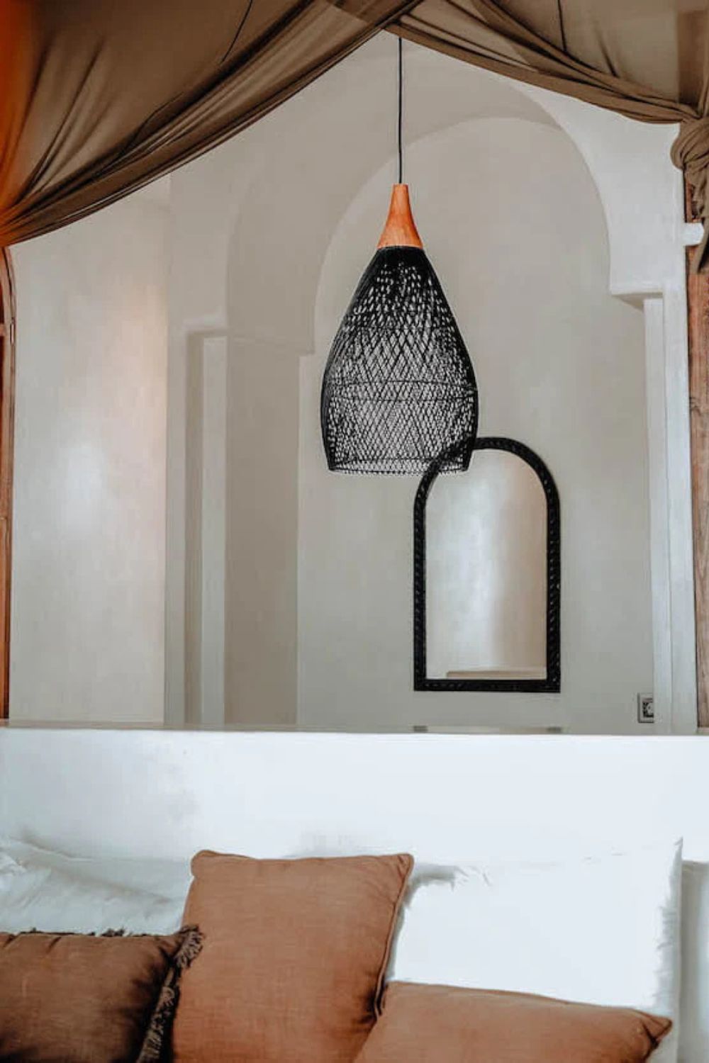 Blaxy Black Rattan Hanging Pendant Lamp with Teak Wood Accent, Handmade, 2 Sizes, M and L.