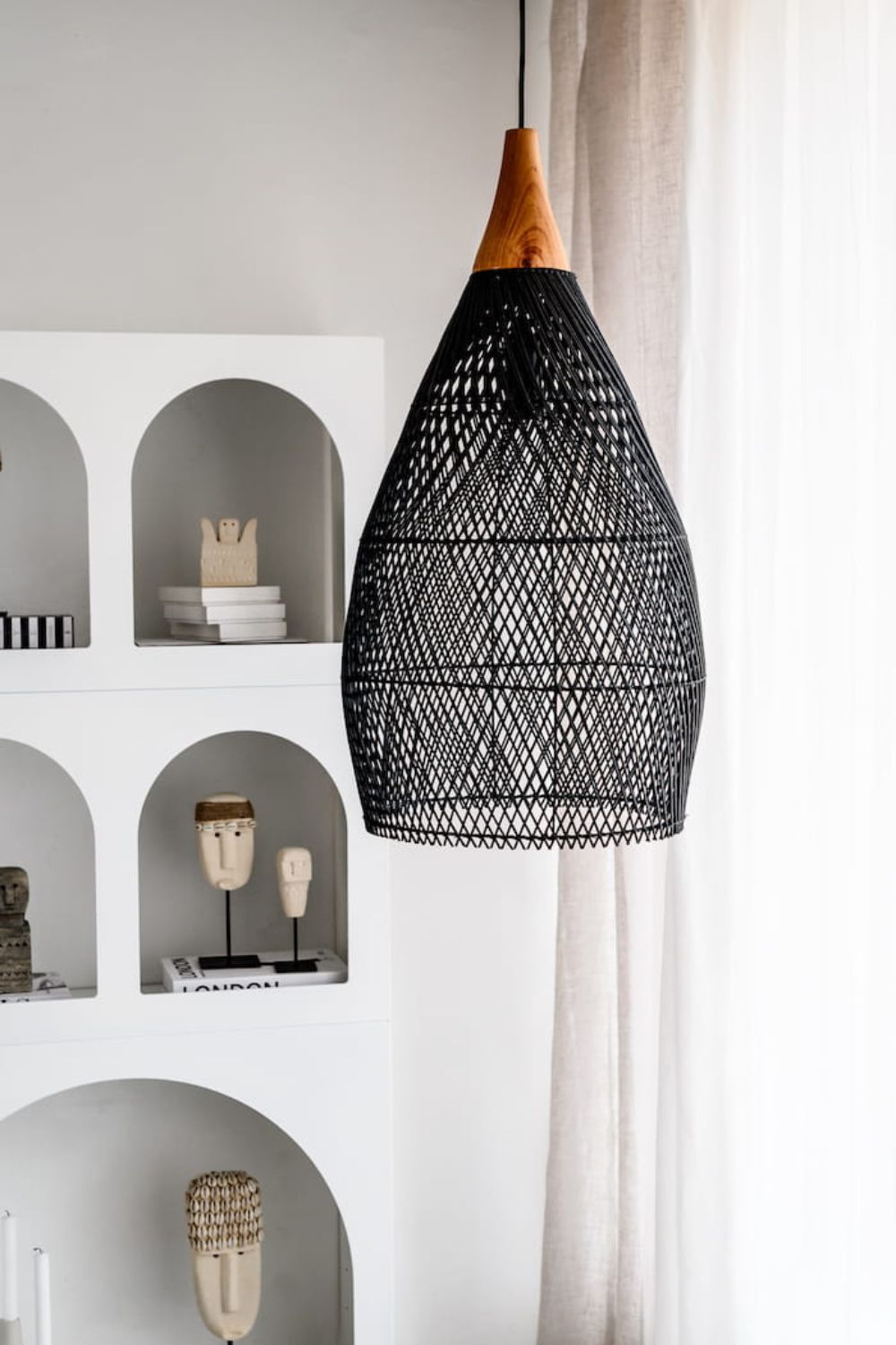 Blaxy Black Rattan Hanging Pendant Lamp with Teak Wood Accent, Handmade, 2 Sizes, M and L.