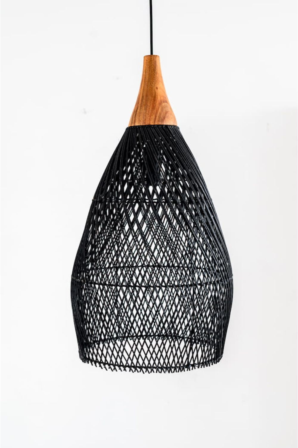 Blaxy Black Rattan Hanging Pendant Lamp with Teak Wood Accent, Handmade, 2 Sizes, M and L.